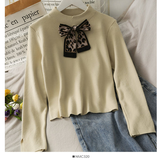 Pull coréen à col montant et nœud léopard de couleur unie pour femme 1935