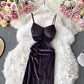 Robe en velours Hepburn vintage fendue Robe à bretelles sans bretelles 3142