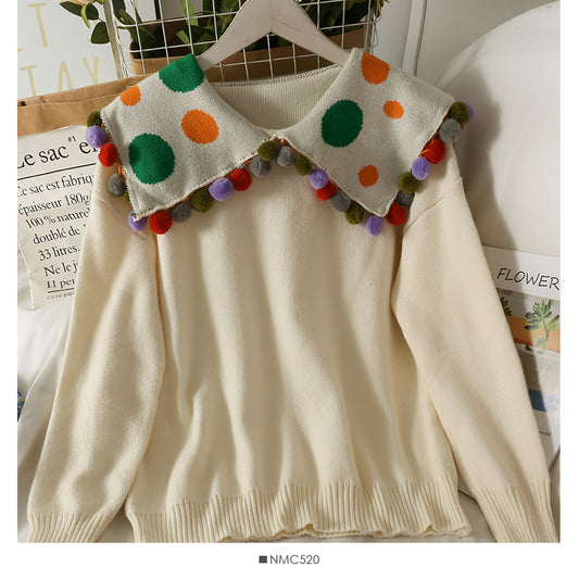 Pull femme à manches longues et col de poupée décoratif en boule de laine polyvalente 1930