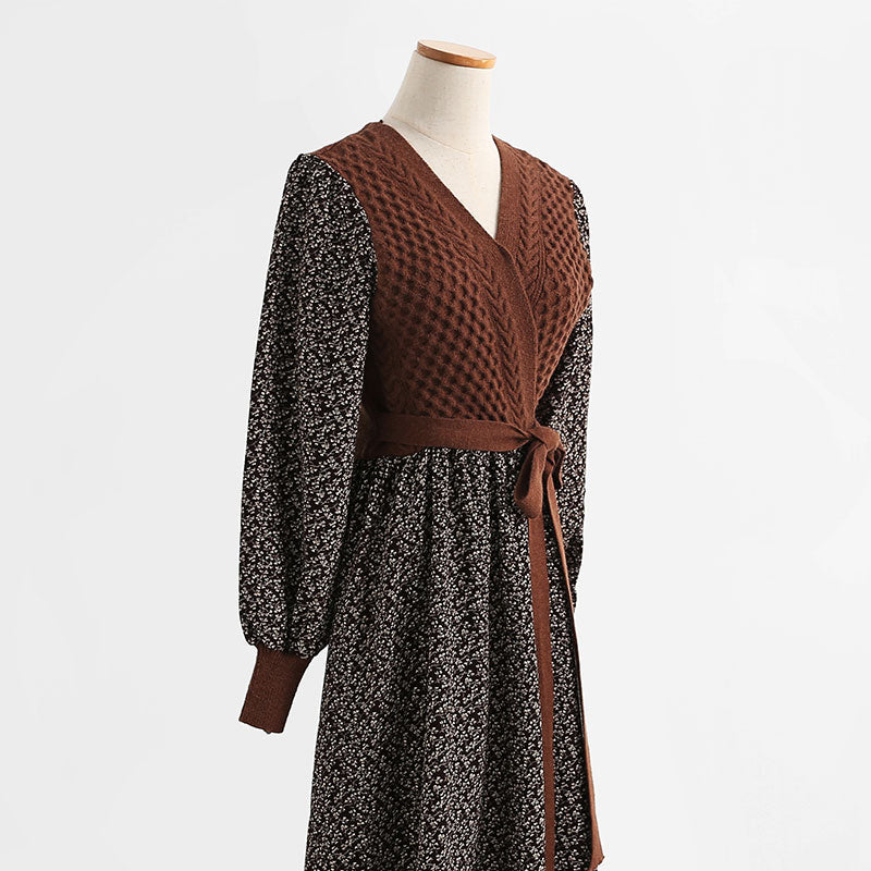Long sleeved floral wool dress, thin and bottomed skirt  2215