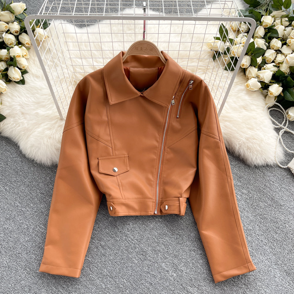 Leather women's slim and versatile Motorcycle Jacket  1559