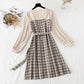 French Vintage plaid skirt fairy super fairy series long sleeve waist fashion  2301