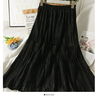 Retro loose slim stitching medium length organ pleated A-line skirt  2571