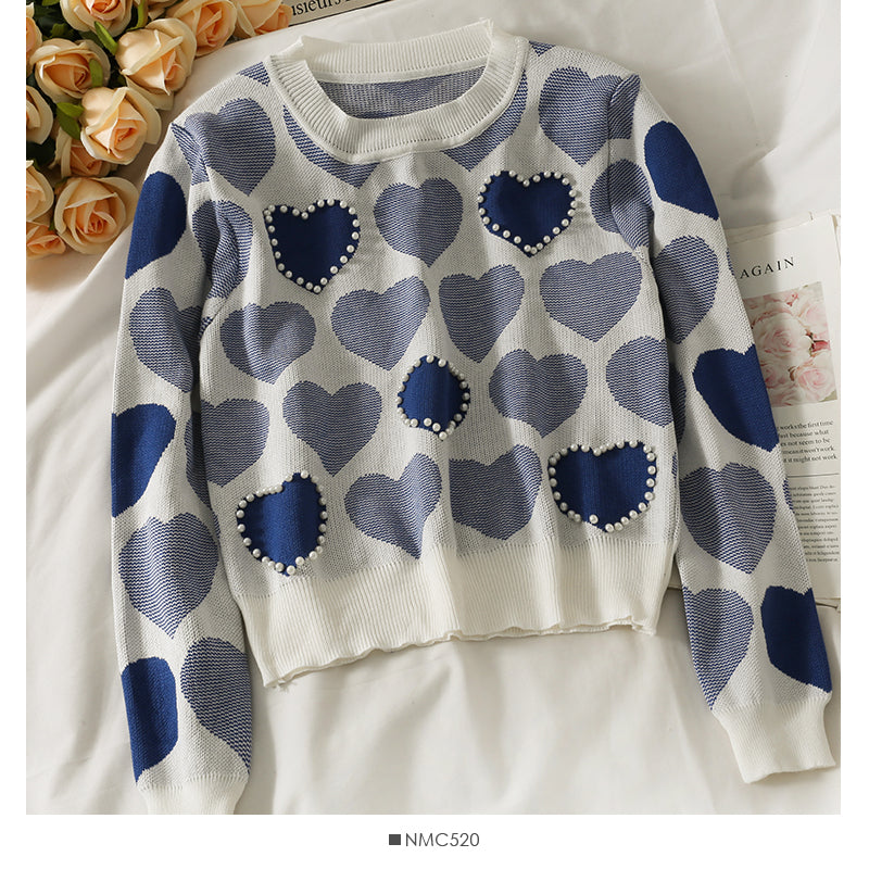 Pull imprimé coeur perle clou vent doux pour femme 1839