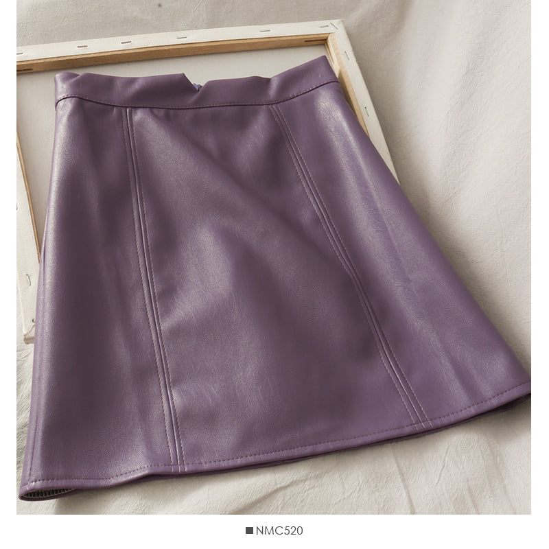 Jupe en cuir taille haute fine en forme de A, rétro et polyvalente, couleur unie 2542
