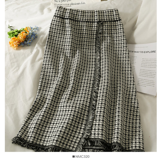 Hong Kong style retro Plaid medium length tassel high waist skirt  2611
