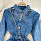 Robe en jean ajourée à manches bouffantes et revers vintage 3019