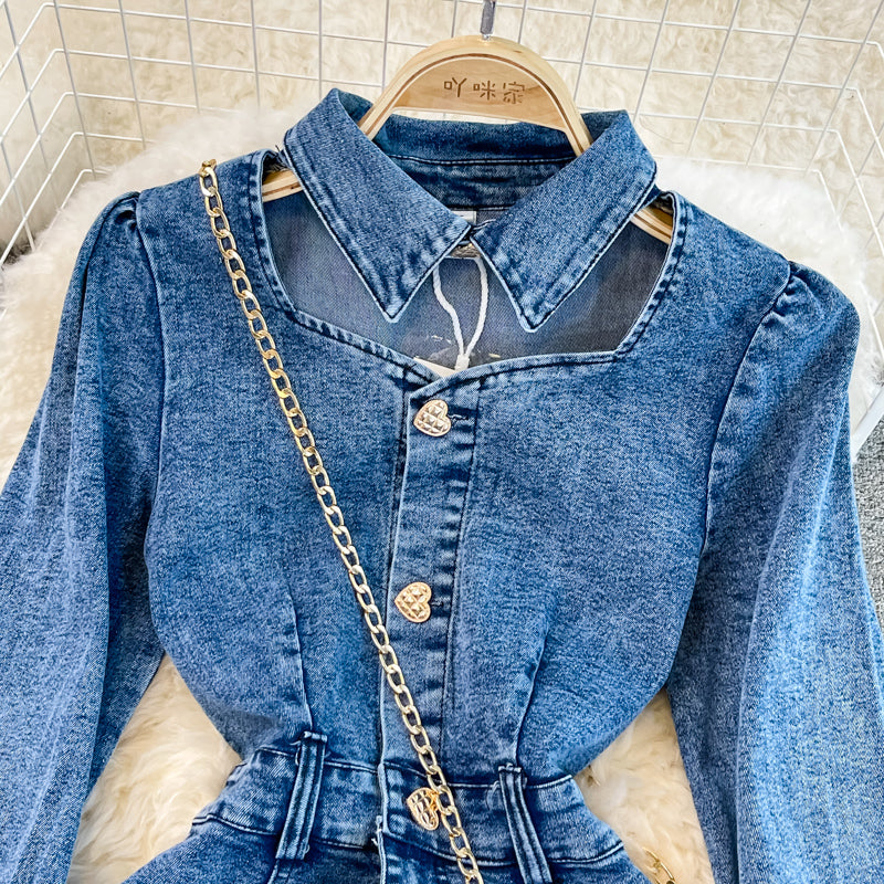 Robe en jean ajourée à manches bouffantes et revers vintage 3019