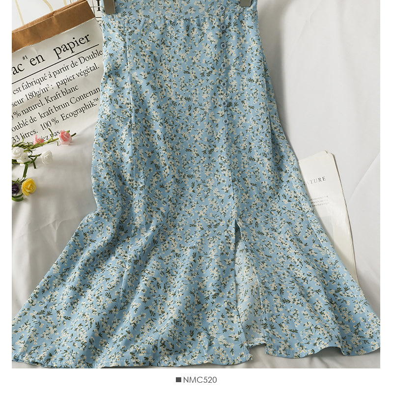 Retro High Waist slim breasted floral medium length skirt  2575