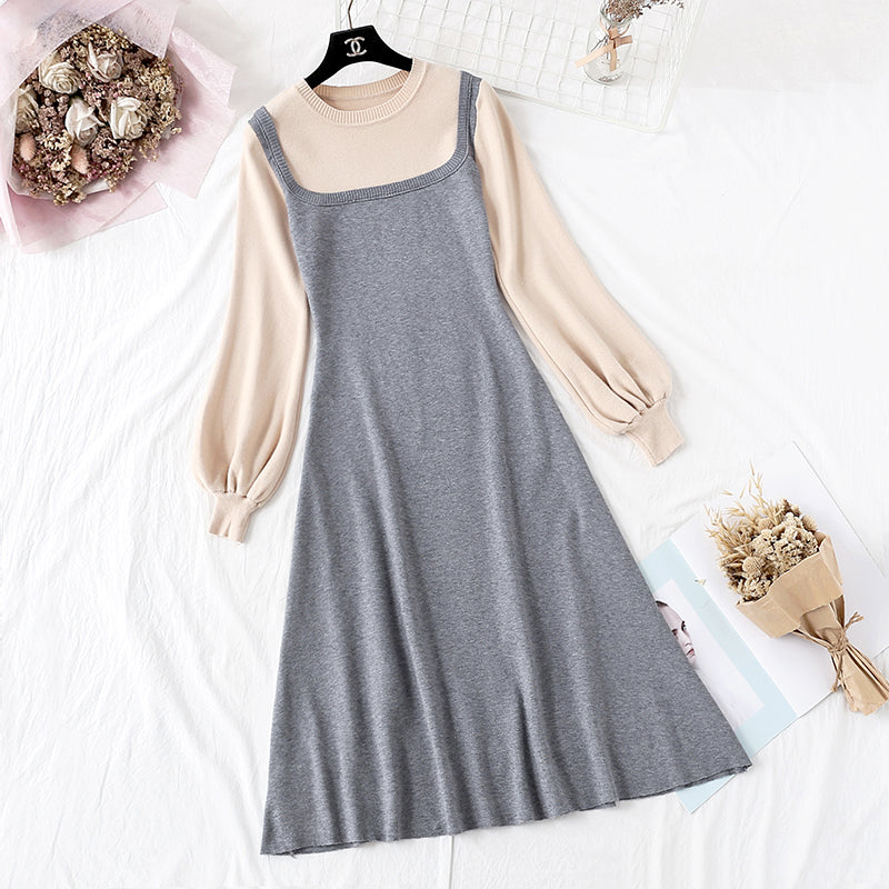 New French retro color matching college slim bottomed sweater long skirt  2424