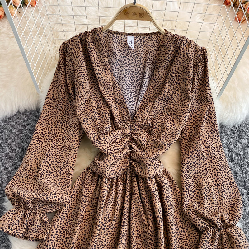 V-neck bubble sleeve small leopard print dress  3128