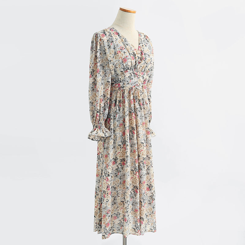 Long sleeve floral dress long fairy French Vintage Chiffon  2430