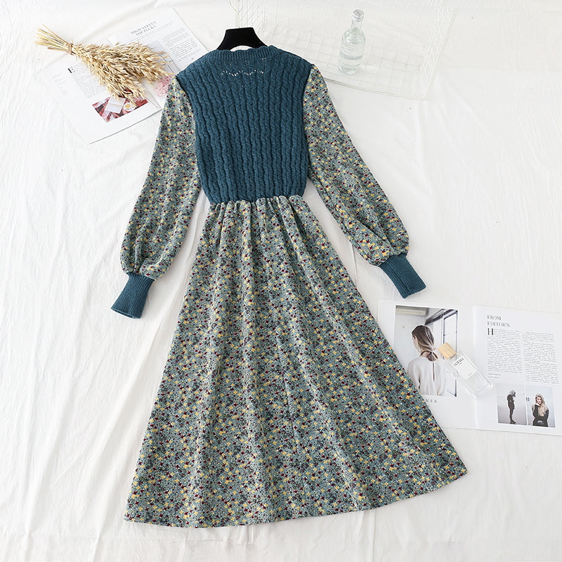 Floral dress new style stitching shows thin temperament slim fit with a bottomed sweater  2136