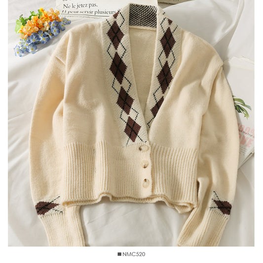 Pull slim à trois boutons à carreaux diamantés pour femme 2060