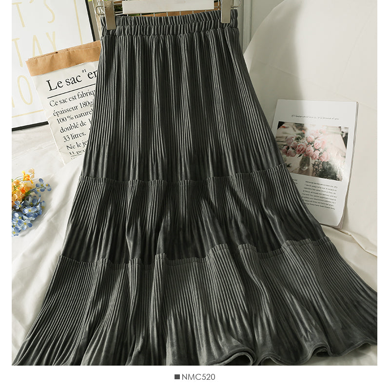 Retro loose slim stitching medium length organ pleated A-line skirt  2571