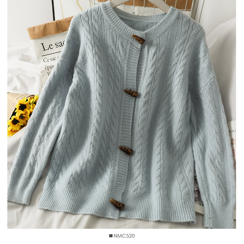 Pull femme couleur unie bouton corne de bœuf col rond pull 1825