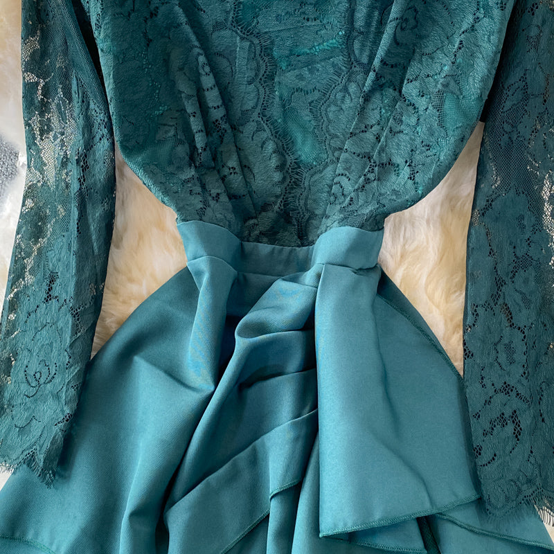 Robe taille haute à volants en dentelle cousue pour femme 3096
