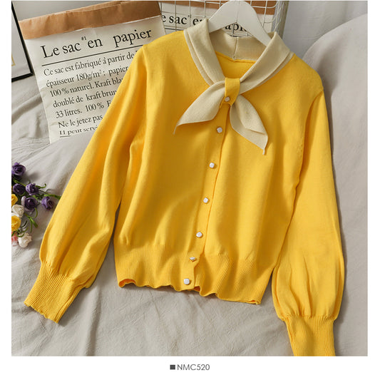 Nouveau pull ample à simple boutonnage avec nœud en blocs de couleurs 1937
