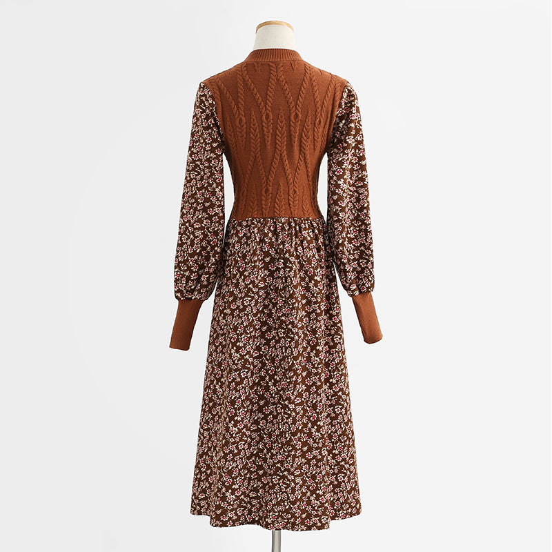 Floral dress lace up stitched corduroy bottomed skirt thin knit long skirt  2339