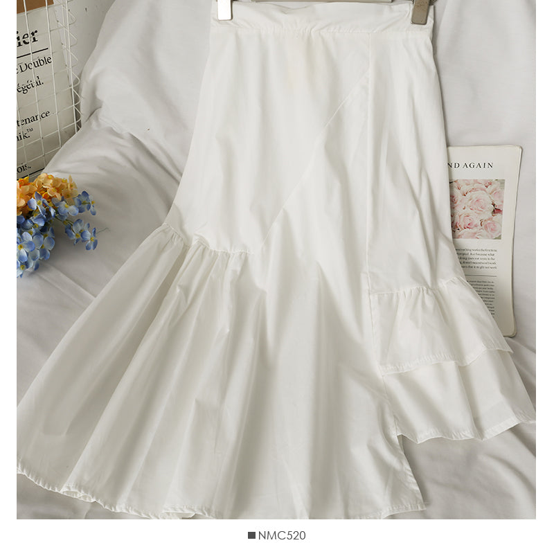 Korean irregular stitching versatile solid medium length A-line skirt  2610