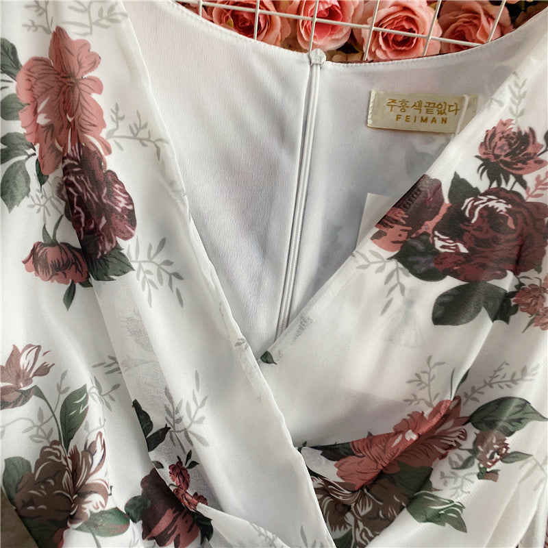 Robe portefeuille plissée en mousseline de soie à manches bouffantes et queue de poisson 3423