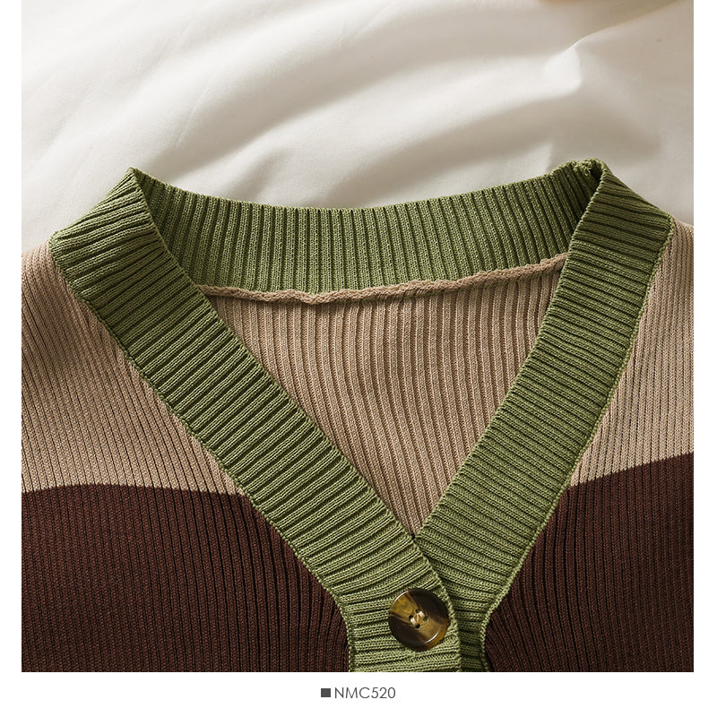 Pull coupe slim à simple boutonnage et col bas avec contraste de couleurs élégant 2070