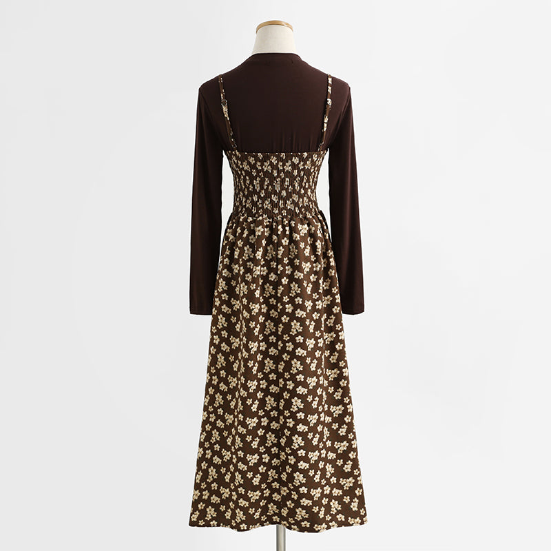 Floral skirt corduroy suspender dress women's two-piece suit  2177