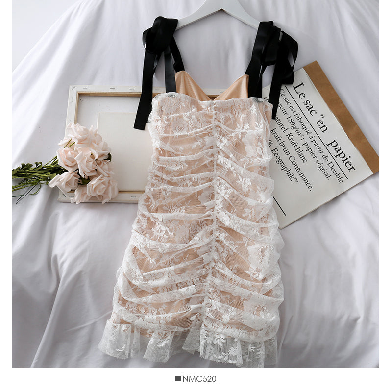 French lace stitched double layer backless suspender dress for women  2696