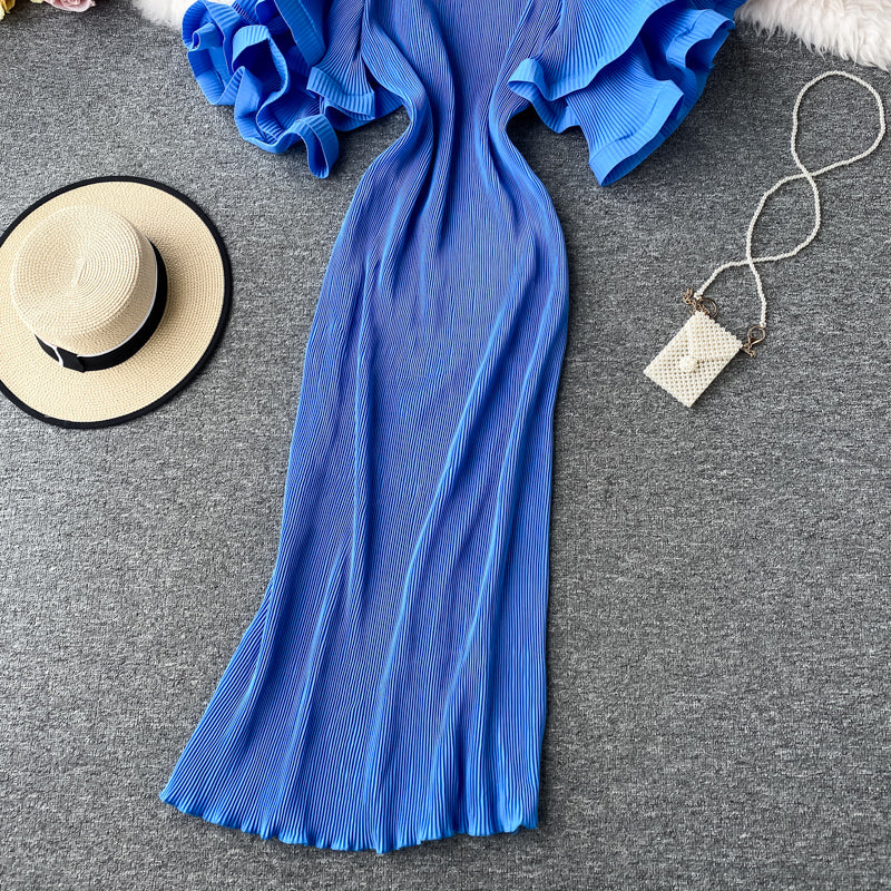 Ruffled large flared sleeve Pleated Dress  2758