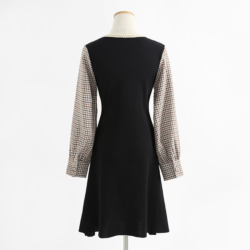 Dress long sleeve aging temperament Plaid knitted skirt with slim waist  2426