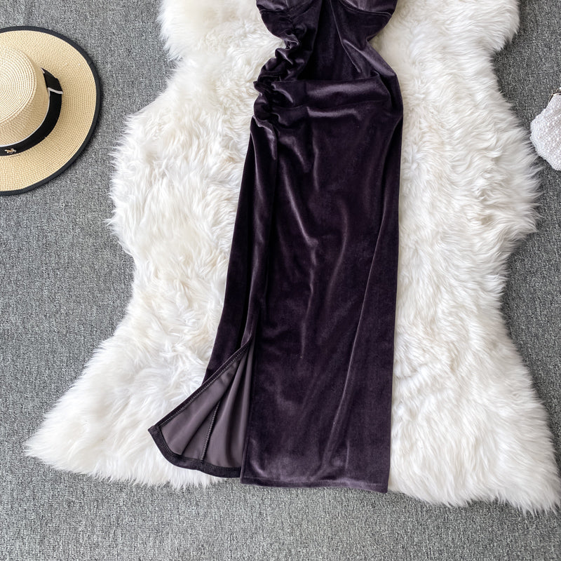 Robe en velours Hepburn vintage fendue Robe à bretelles sans bretelles 3142