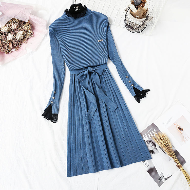 New French retro backing slim lace neck sweater skirt  2362
