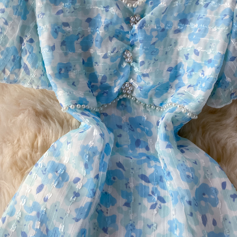 Robe trapèze en mousseline de soie à col en V et mailles cousues en mailles bleues 3219