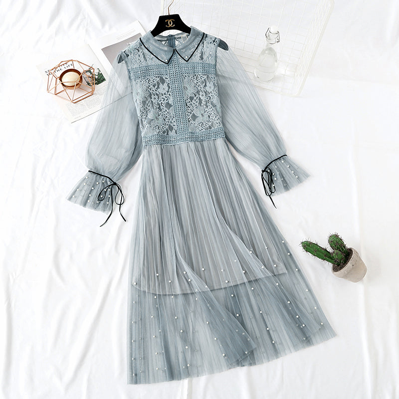 New super horn sleeve nail bead sling pleated long skirt two-piece set  2459