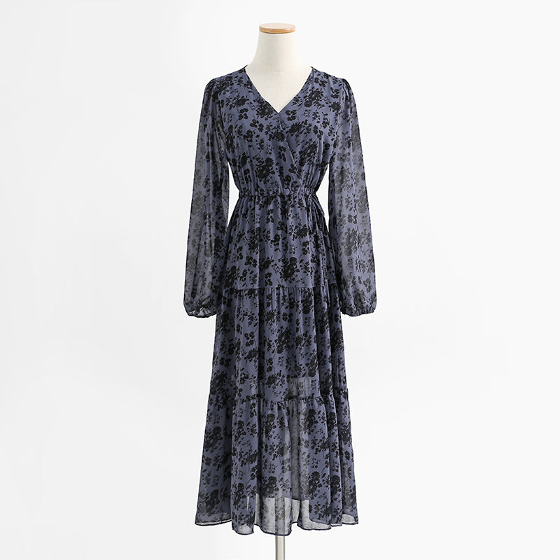 Temperament V-neck dress French waist closing thin chiffon long skirt  2280