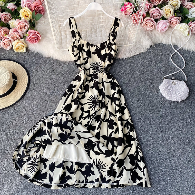 Robe à bretelles slim à taille carrée et imprimé rétro de minorités françaises 3138