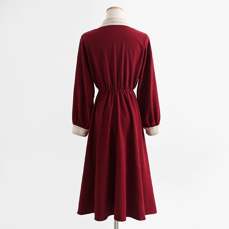 Long sleeved dress, academic style, thin temperament, knee length skirt, French long skirt, female  2159