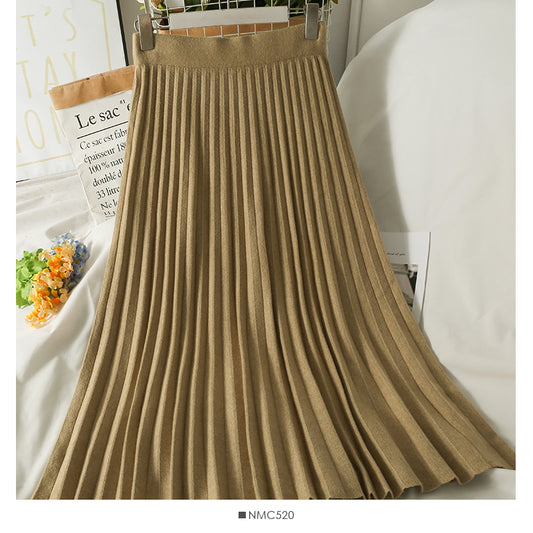 Jupe plissée tricotée taille haute couleur unie 2572
