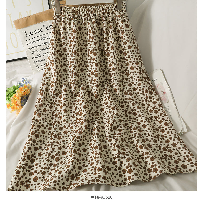 Hong Kong Vintage printed elastic waist thin over knee A-line skirt  2623