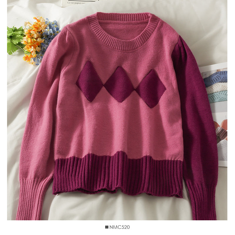 Pull à carreaux en maille fine à col ras du cou et surpiqûres contrastées pour femme 1998