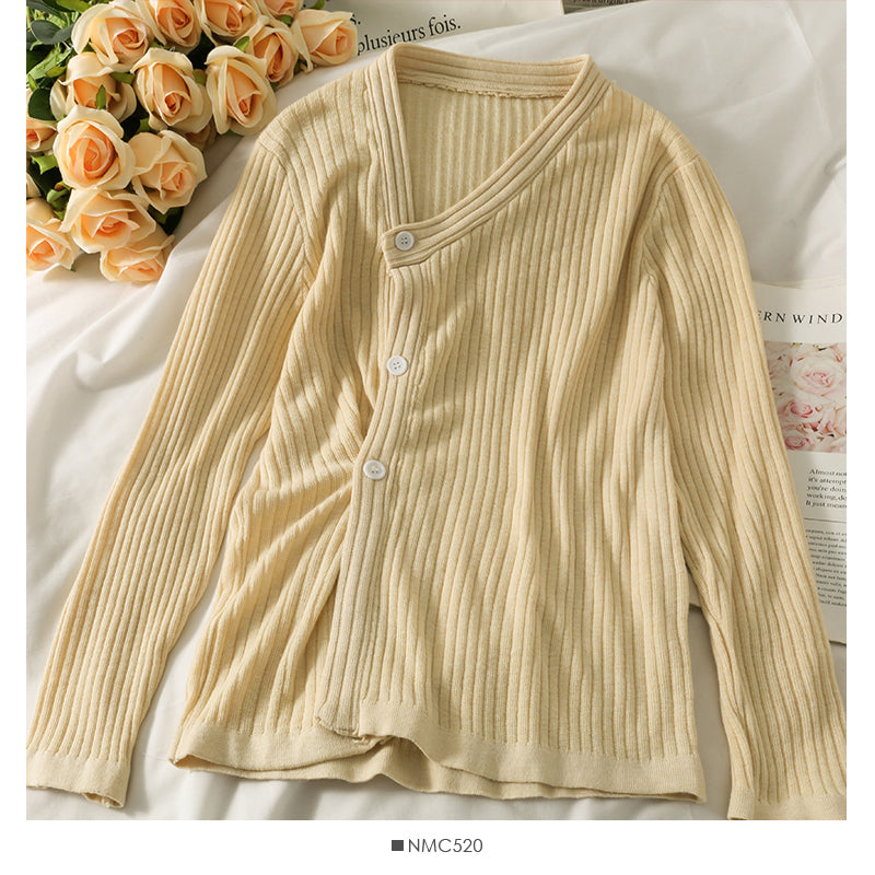 Pull à manches longues et col en V à simple boutonnage irrégulier Han Fan pour femme 2038