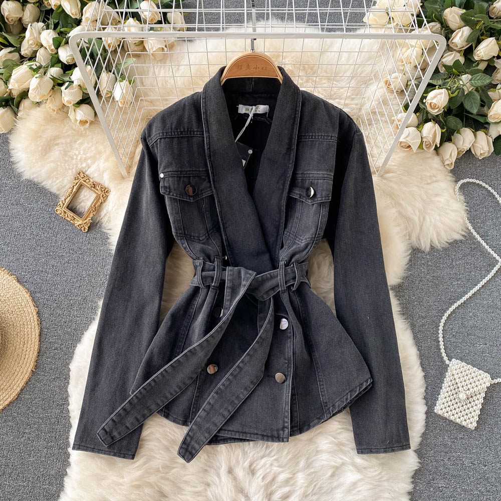 Denim Jacket Women's V-neck double breasted  1512