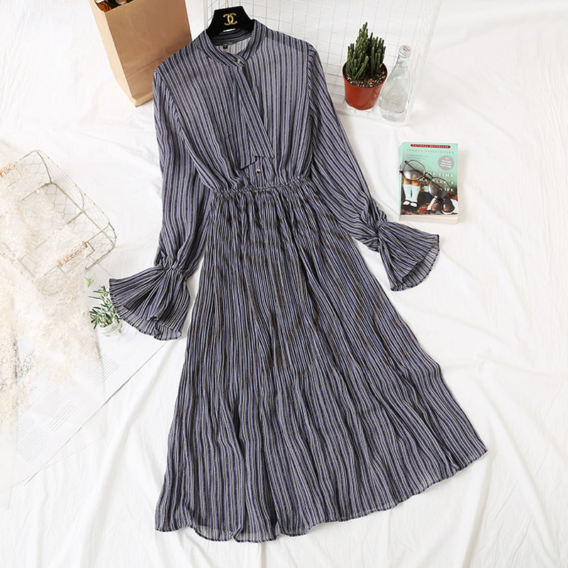 Long sleeve pleated flare sleeve Vintage bow tie chiffon skirt knee length skirt  2452