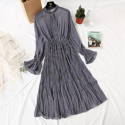 Long sleeve pleated flare sleeve Vintage bow tie chiffon skirt knee length skirt  2452