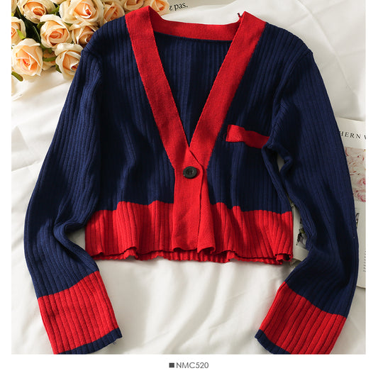 Pull à manches longues à un bouton avec coutures contrastées de Han Fan pour femme 1949