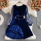 Robe en velours faux deux pièces à manches longues et à rayures de qualité 3229