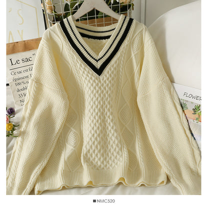 Pull femme à carreaux losanges pull ample et fin col V coréen 1863