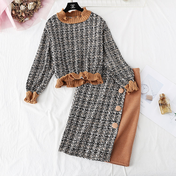 New French retro sweater, tweed bag hip skirt, winter two-piece suit  2361