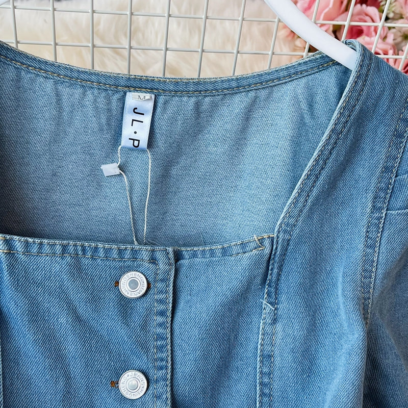 Robe en jean à col carré et manches bouffantes 2971