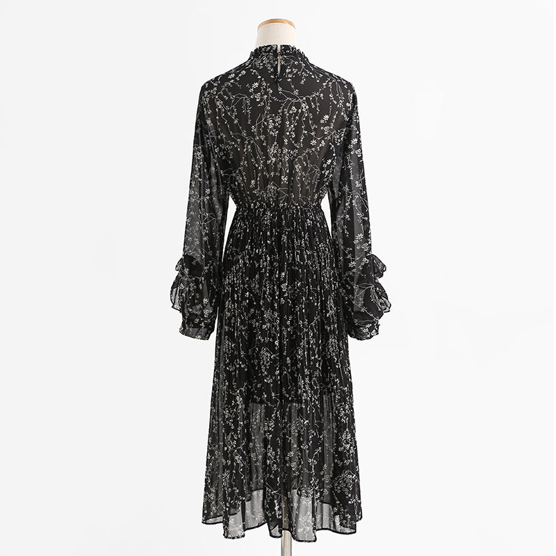 Chiffon pleated skirt, fungus floral dress, slim dress, lady dress  2432